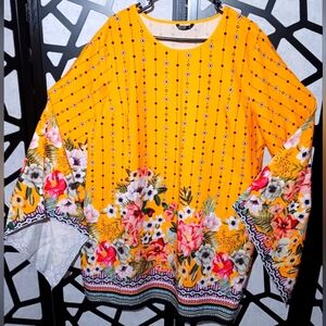 Shein Curve - Floral Kimono-sleeve Midi Shift Dress - Yellow - 2XL